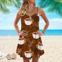 Cute Sloths Bear Relaxing In Coffee Cup On Dark Chocolate Spaghetti Strap Summer Dress