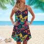 Day Of The Dead Colorful Sugar Cat Skull With Floral Spaghetti Strap Summer Dress