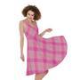 Pink And Green Plaid Pattern Print Sleeveless Knee Length Dress