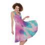 Pink And Teal Tie Dye Print Sleeveless Knee Length Dress