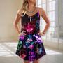 Skull Neon Art Happy Holiday - V-Neck Sleeveless Cami Dress