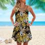 Yellow And Brown Palm Leaves Pattern Spaghetti Strap Summer Dress