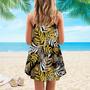 Yellow And Brown Palm Leaves Pattern Spaghetti Strap Summer Dress