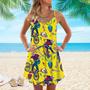 Yellow Skull Riding Bike Spaghetti Strap Summer Dress