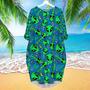 Alien Head Pattern Green Blue Long Sleeve Midi Dress