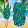 Alien Head Pattern Green Blue Long Sleeve Midi Dress