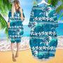 Blue Tropical Surfing Palm Trees Long Sleeve Midi Dress