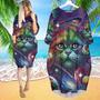 colorful Rainbow Cat Space Galaxy Planet Long Sleeve Midi Dress