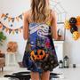 Halloween Black Cat Starry Night Funny Cat Painting Art Style - V-Neck Sleeveless Cami Dress