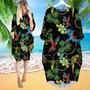 Tropical Parot With Gold Chains Leaves Long Sleeve Midi Dress