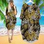 Yellow And Brown Palm Leaves Pattern Long Sleeve Midi Dress