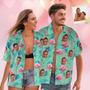 Custom Face Hawaiian Shirt Flamingo Tropical Shirt Couple Outfit All Over Printed Green And Palm Leaves