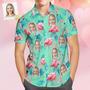 Custom Face Hawaiian Shirt Flamingo Tropical Shirt Couple Outfit All Over Printed Green And Palm Leaves