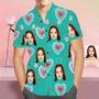 Custom Face Shirt Personalized Photo Green Hawaiian Shirt Valentine's Day Gift - Love Heart