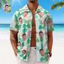 Custom Men's Shirt Face All Over Print Hawaiian Shirt Green Leaves And Flamingo