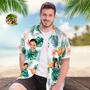 Custom Multi Photo Face And Text Hawaiian Shirt With Palm Leaves And Colorful Flowers