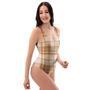 Beige Plaid Tartan Print One Piece Swimsuite