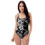 Black White Floral Print One Piece Swimsuite