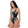 Black White Floral Print One Piece Swimsuite