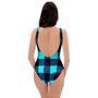 Blue Plaid Print One Piece Swimsuite