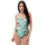 Cute Green Doodle Cat Print One Piece Swimsuite