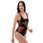 Embroidery Red Rose Floral Print One Piece Swimsuite