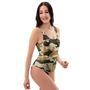 Green And Brown Camouflage Print One Piece Swimsuite