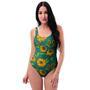 Green Zigzag Sunflower One Piece Swimsuite