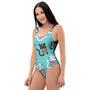 Love Turquoise Cat Print One Piece Swimsuite