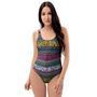 Multicolor Rose Floral Abstract Tribal Aztec One Piece Swimsuite