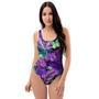 Neon Purple Tropical Palm Tree Butterfly Print One Piece Swimsuite