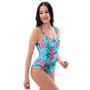 Pink And Blue Rose Floral One Piece Swimsuite