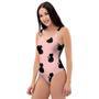 Pink Silhouette Cat Print One Piece Swimsuite