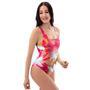 Red And Orange Hibiscus Hawaiian Print One Piece Swimsuite