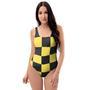 Yellow Checkered Print One Piece Swimsuite