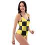 Yellow Checkered Print One Piece Swimsuite