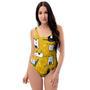 Yellow Doodle Cat Print One Piece Swimsuite