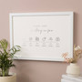 Family timeline canvas in neutral tones with custom icons, personalized names and dates, vertical layout, living room decor