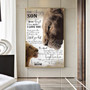 Mother son lion motivational wall art, sunset tones with bold typography, personalized names, landscape for living room