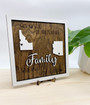 Long-distance family wooden sign in rustic walnut, custom names and distances, meaningful gift for far-away loved ones
