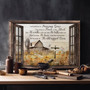 Rustic farmhouse canvas with windowpane barn frame over flower field, uplifting Jesus quote in earthy tones for living room