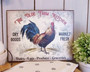 Rustic farmhouse rooster canvas wall art for kitchen, personalized with couple's last name and date, shabby chic style