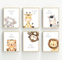 Safari animal nursery canvas wall art set of three featuring cute elephant, lion, and giraffe prints for baby room decor