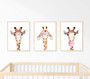 Giraffe nursery canvas trio, square set with smiling giraffes and tiny hearts, gentle pink palette for a cozy girl's nursery