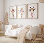 Giraffe nursery canvas trio, vertical triptych with mom and baby giraffe cuddles in soft pastels for girl's bedroom decor