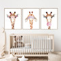 Giraffe nursery canvas trio, pastel watercolor triptych for girl's room featuring an adorable giraffe family and pink hearts