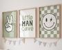 Sage Green Baby Boy Nursery Wall Art Canvas - Neutral Kids Room Decor With Checkered Smiley Theme