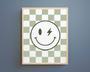 Sage Green Baby Boy Nursery Wall Art Canvas - Neutral Kids Room Decor With Checkered Smiley Theme