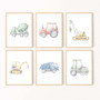 Construction vehicle canvas wall art set for baby boy nursery, colorful transportation prints for boys room decor