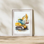 Construction truck canvas wall art, landscape print with dump truck and cones, soft colors for baby boy playroom decor